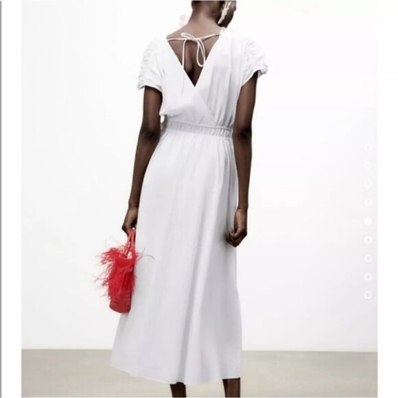 NWT ZARA White Cotton Midi Dress with Tie-Back M - Picture 2 of 15